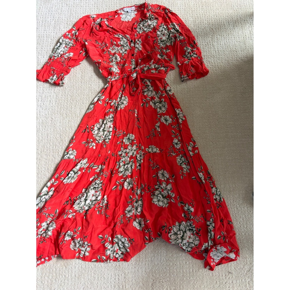 Marissa Webb Collective Red Floral Button Front Midi Dress Tie Waist Womens 8